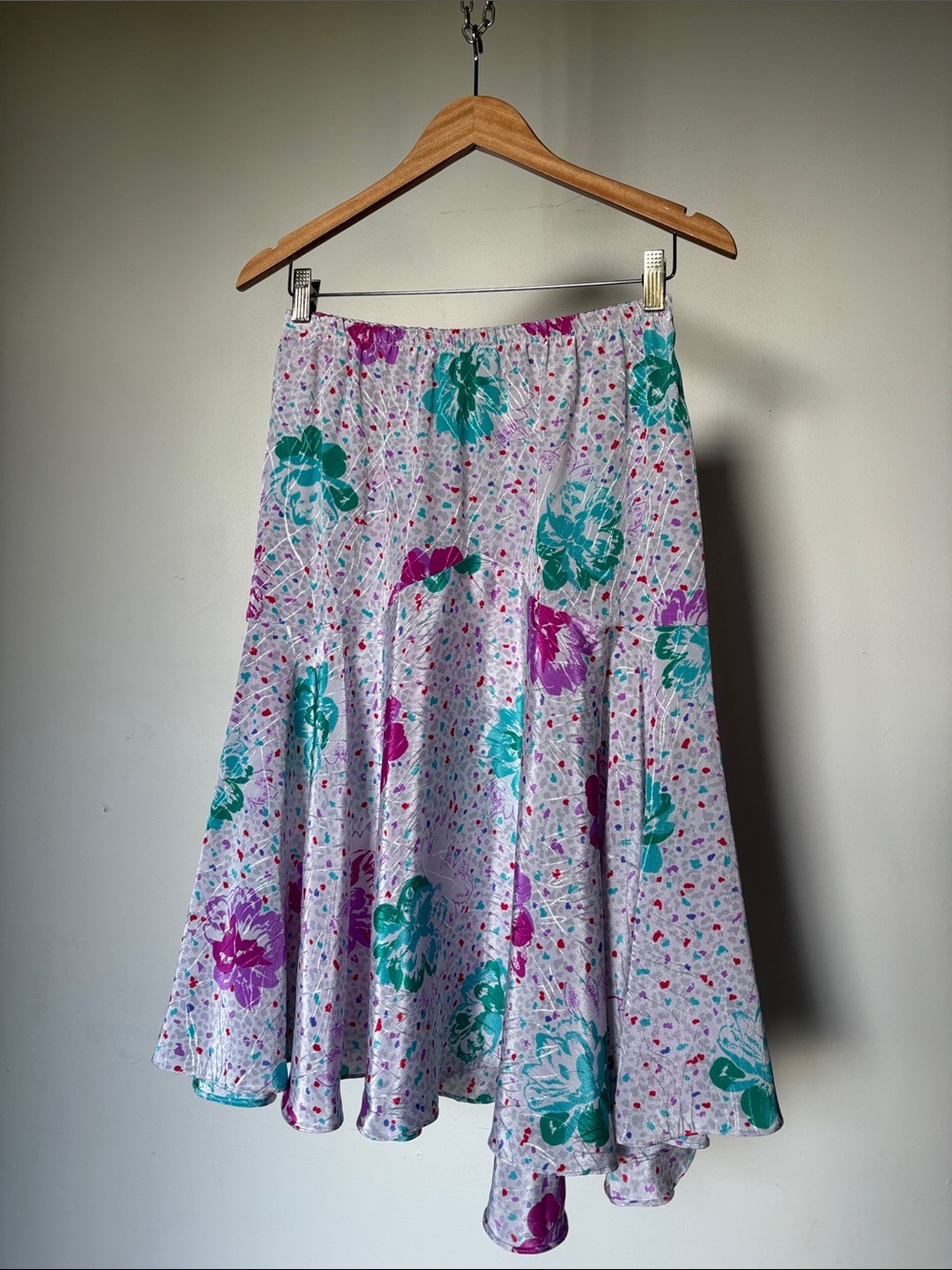 Y2K Drop Waist Asymmetrical Skirt with Teal and Magenta Floral Print Vintage